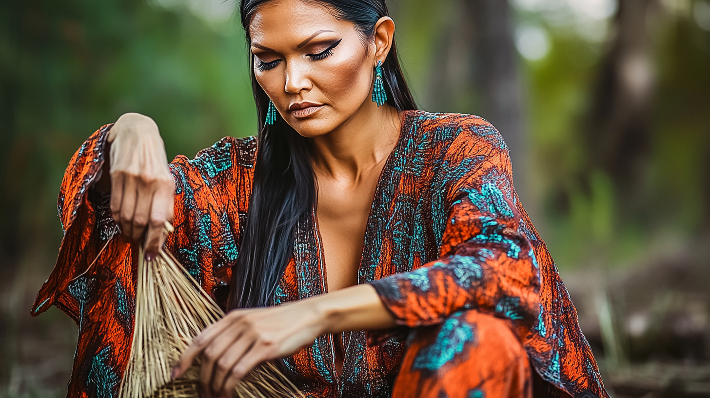 A Native American woman weaving a basket in a forested area.