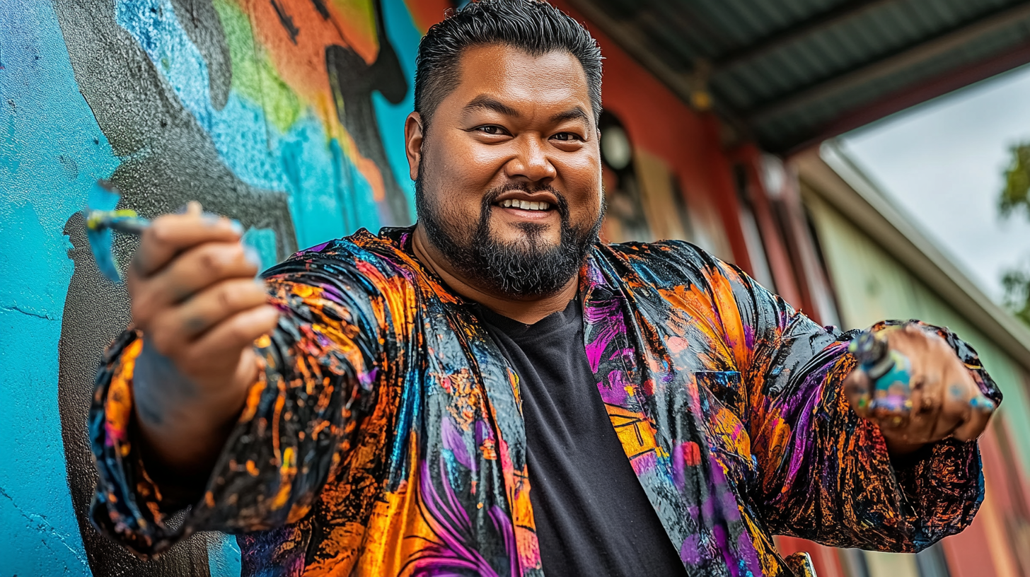 A Pacific Islander man proudly standing by a colorful mural, with a look of determination.