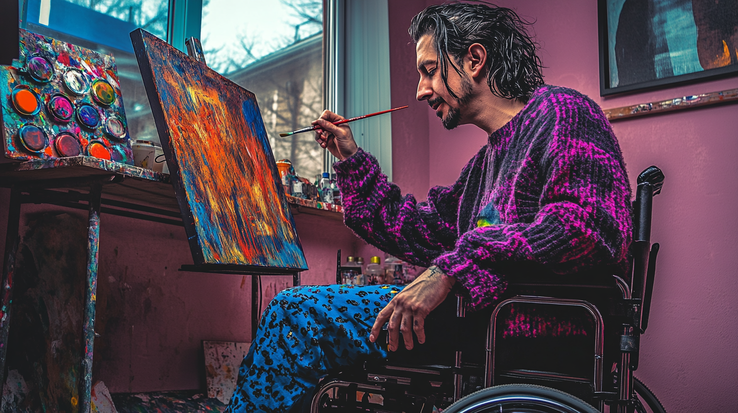 A White man in a wheelchair painting at an easel in a cozy studio.