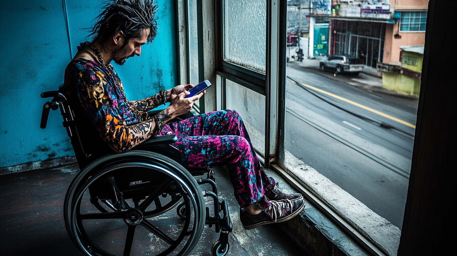 A White man in a wheelchair using the internet on a smartphone.