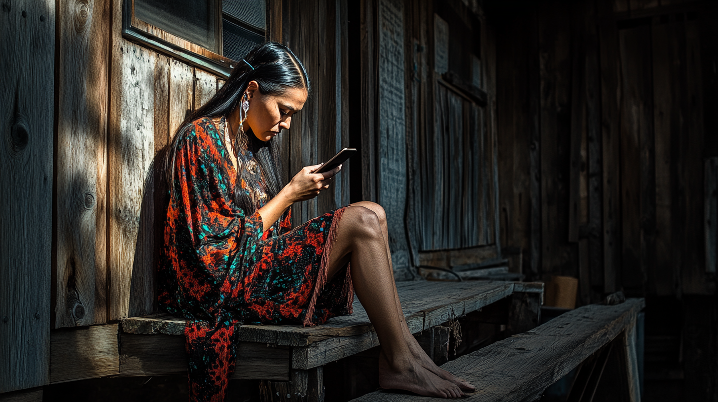 A Native American woman using the internet on a smartphone.