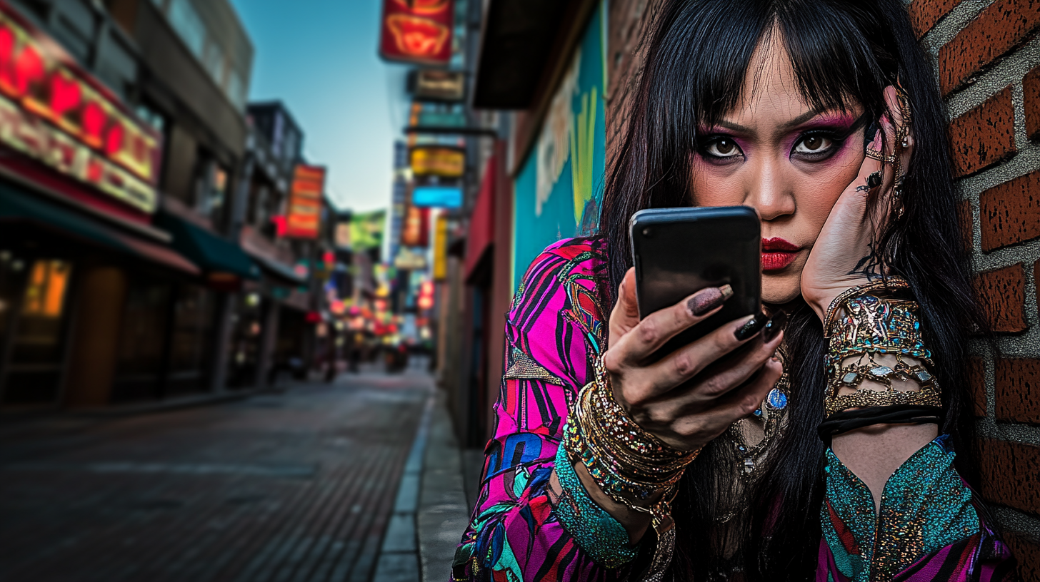 A Vietnamese trans woman accessing the internet on an older smartphone.