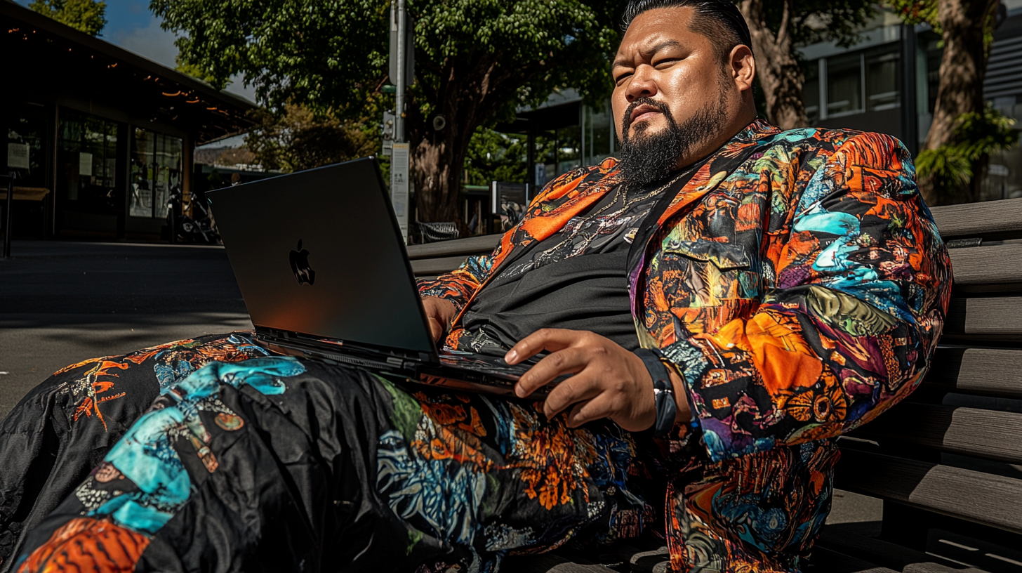 A Pacific Islander man in a suit sitting on a bench with a laptop, focused and confident.