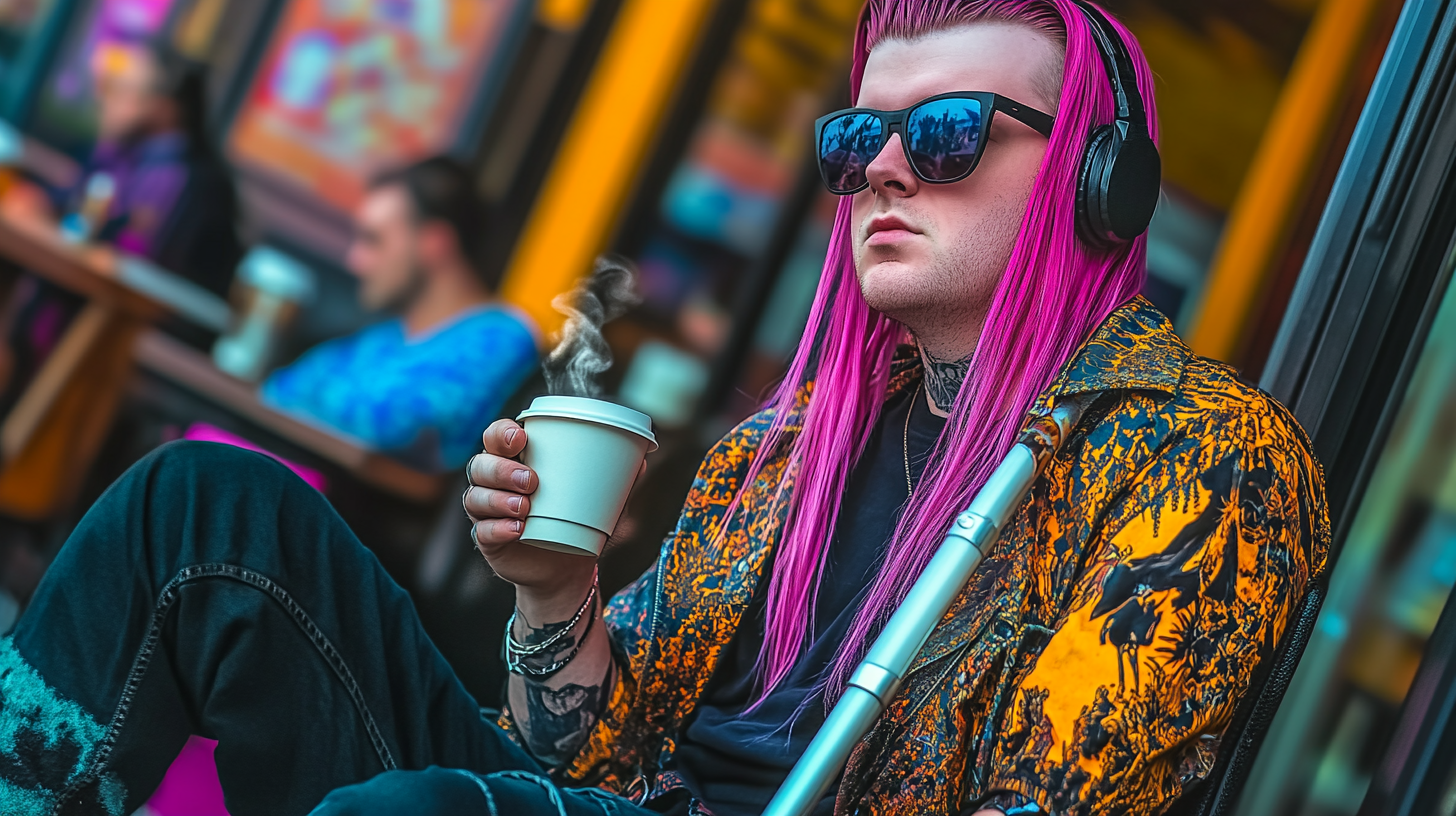 A White transgender man listening to a podcast at a coffee shop, with a cane by his side.